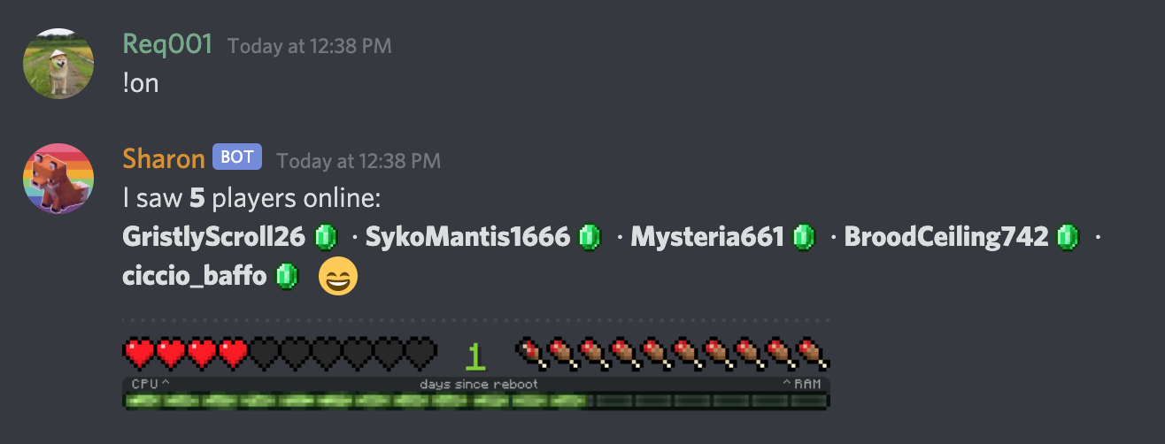 The !on command of a custom Discord bot Sharon shows who is currently playing on the Minecraft server.