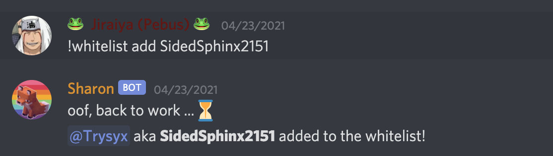 The !whitelist command of a custom Discord bot Sharon allows for whitelisting people on the Minecraft server from Discord chat.